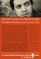 Vetoomus Asraf Fayadhin vapauttamiseksi. Kuva: ilb, Berliinin kansainvälinen kirjallisuusfestivaali