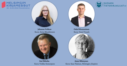Kuvassa tietokirjailijan sananvapaus -keskustelun osallistujat Johanna Vehkoo, Oula Silvennoinen, Kai Ekholm ja Anne Mäntynen