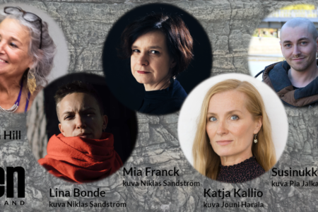 Ainon päivän tilaisuuden julistekuva. Kuvassa kirjailijat Judyth Hill, Lina Bonde, Mia Franck, Katja Kallio ja Susinukke Kosola