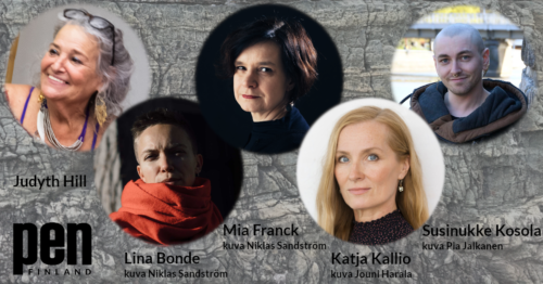 Ainon päivän tilaisuuden julistekuva. Kuvassa kirjailijat Judyth Hill, Lina Bonde, Mia Franck, Katja Kallio ja Susinukke Kosola