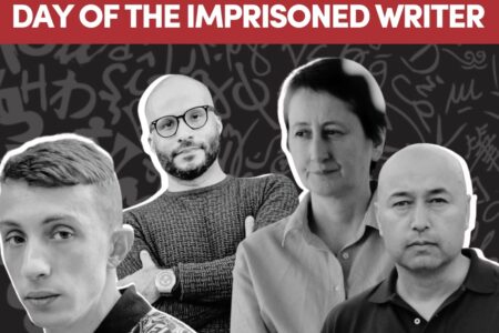 Vangittujen kirjailijoiden päivän kampanjakuva, johon on yhdistetty neljän vangitun kirjailijan kuvat
