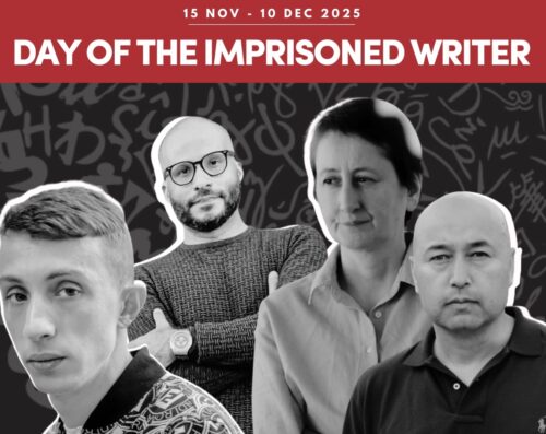 Vangittujen kirjailijoiden päivän kampanjakuva, johon on yhdistetty neljän vangitun kirjailijan kuvat