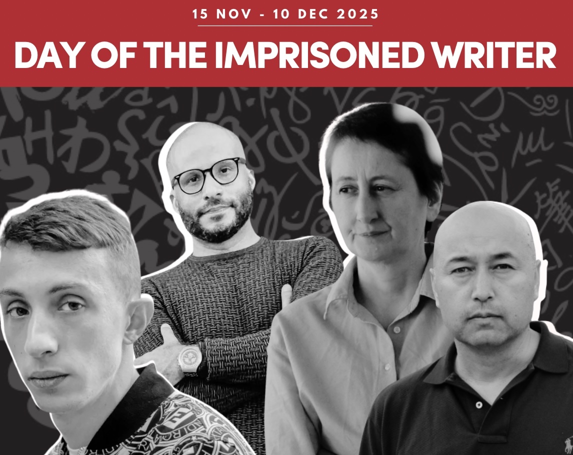 Vangittujen kirjailijoiden päivän kampanjakuva, johon on yhdistetty neljän vangitun kirjailijan kuvat